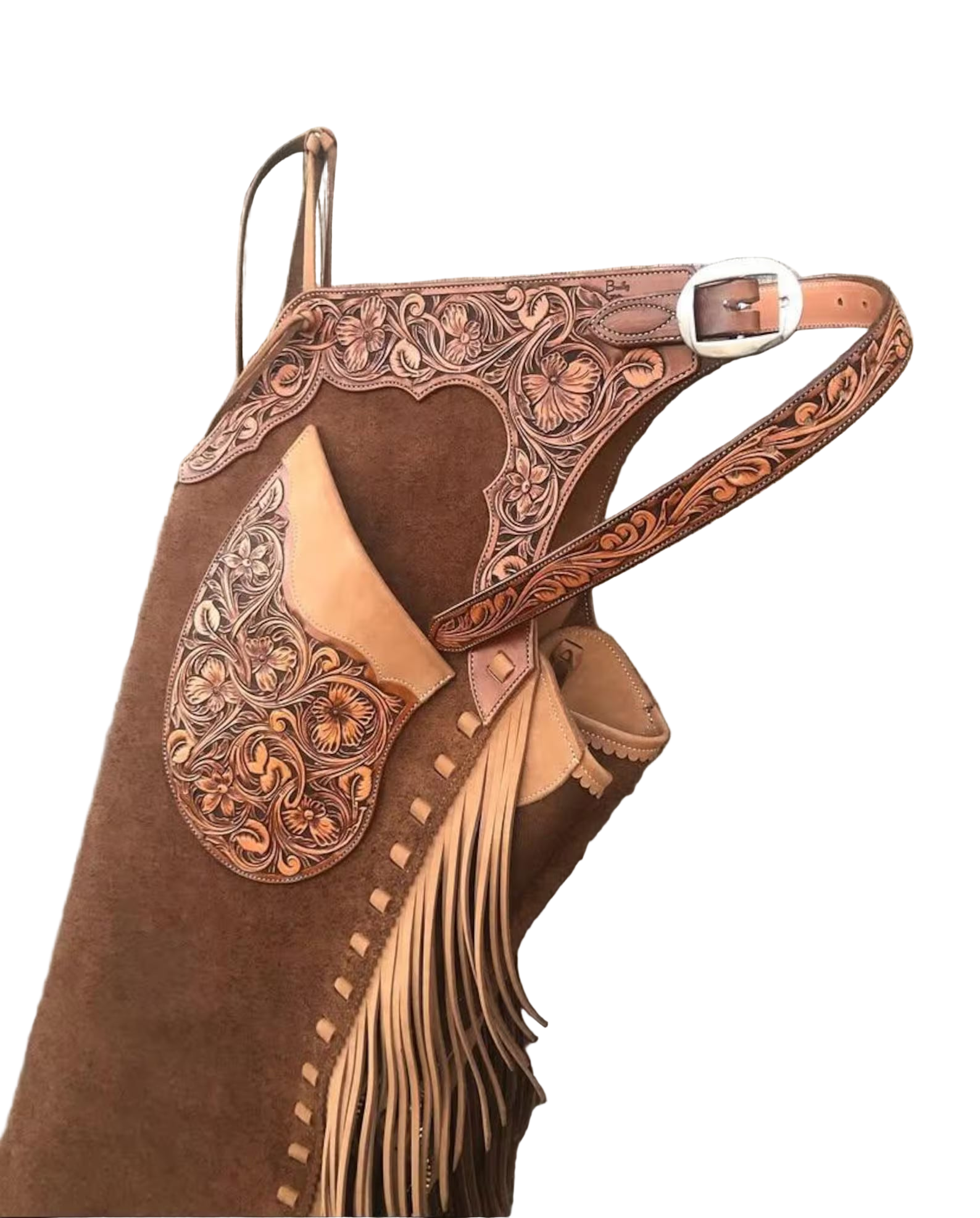 Premium Western Chaps – Floral Tooled Yoke on Sand Suede